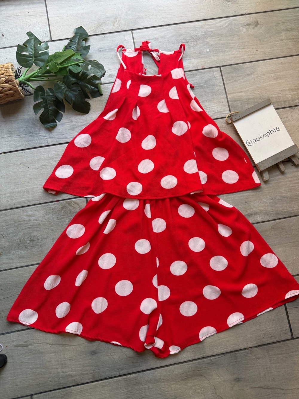Paolino Red Polka Dot Minnie Mouse Halter Romper w Flowy Overlay.  Size M
